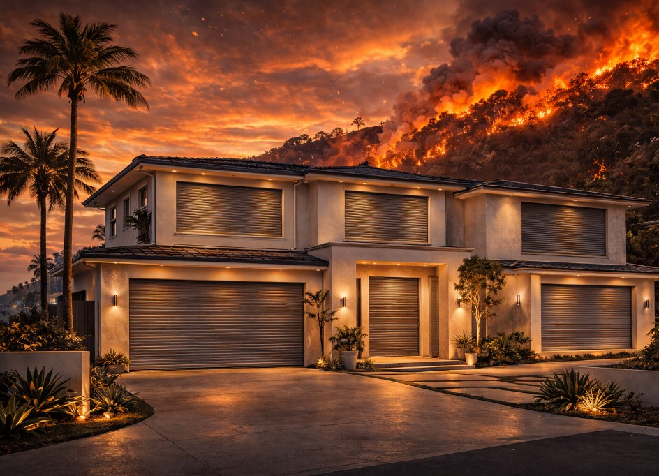 Inferno-Roll shutters protecting a home from wildfire